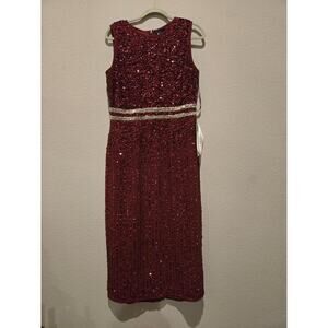 Mac Duggal Women's Size 10 Burgundy Beaded High Neck Midi Sheath Dress